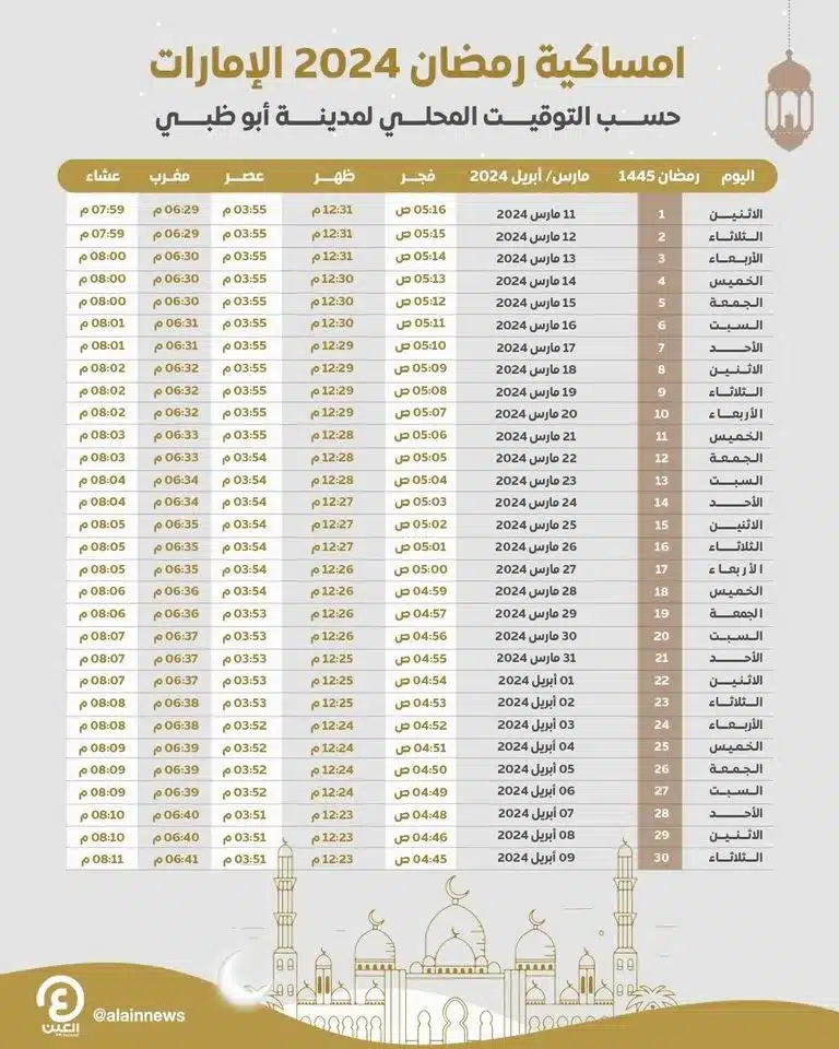امساكية رمضان 2024 في الإمارات